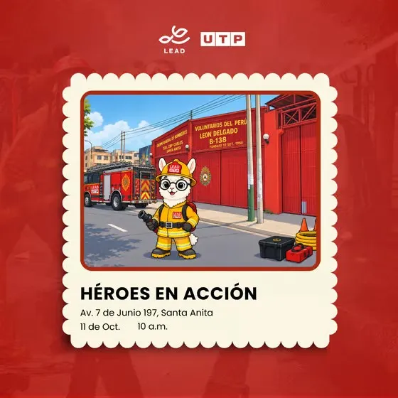 Afiche de Héroes en acción: la mascota de LEAD vestida de bombero frente a una estación de bomberos.