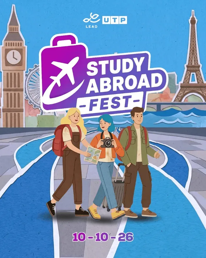 Cartel del Study Abroad Fest: tres viajeros caminan por un camino de papel entre el Big Ben y la Torre Eiffel, con la fecha 10 10 26