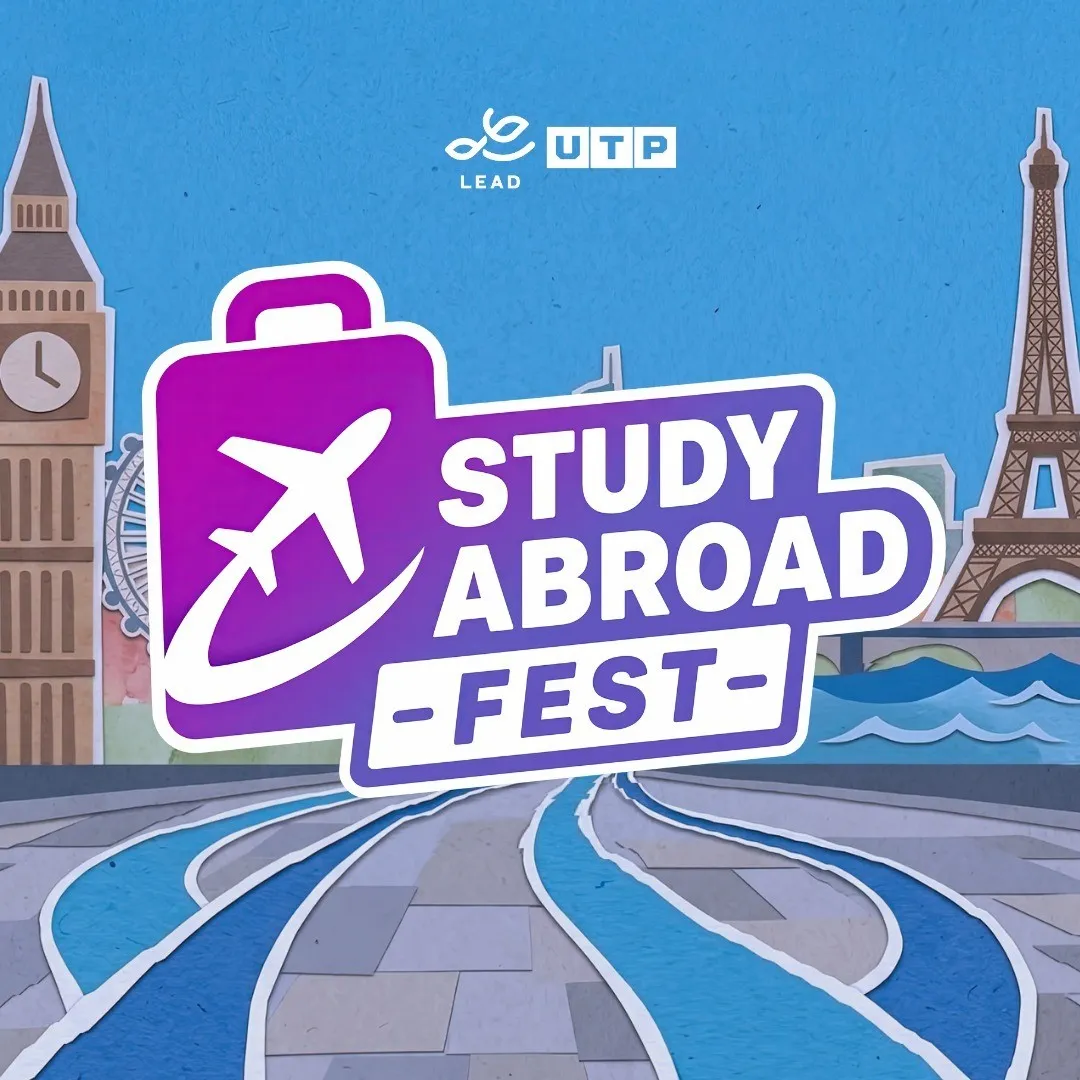 Afiche del Study Abroad Fest: una maleta con un avión frente al Big Ben y la Torre Eiffel.