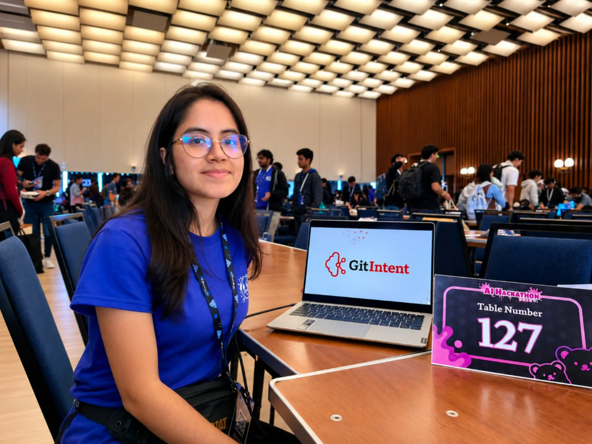 Representante de LEAD UTP con el proyecto GitIntent en su mesa del UC Berkeley AI Hackathon